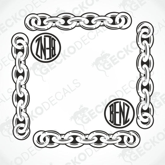 A black and white image of a die cut decal with chain design and the Mercedes-Benz logo, intended for use as a side window decal.