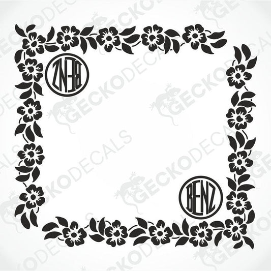 A black floral side window decal with the Mercedes-Benz logo on it.