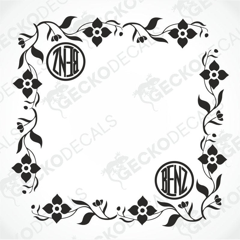 A set of black and white floral side window decals with the brand logo 'BENZ' in the center, delivered on transfer paper.