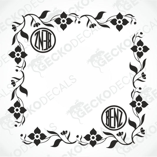 A set of black and white floral side window decals with the brand logo 'BENZ' in the center, delivered on transfer paper.