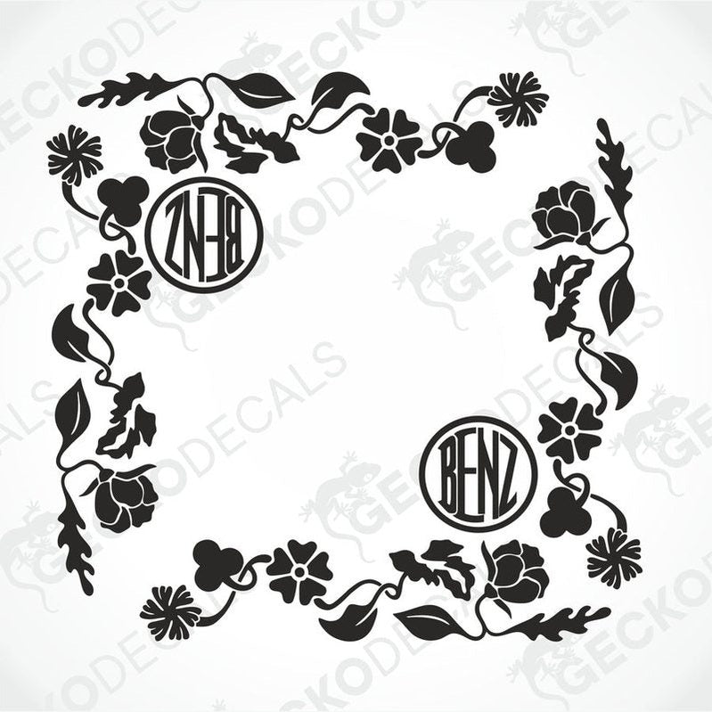 A black floral pattern decal with the text 'BENZ' included in the design, intended for use on the side windows of a vehicle.