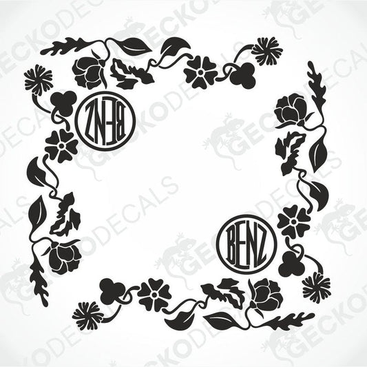 A black floral pattern decal with the text 'BENZ' included in the design, intended for use on the side windows of a vehicle.