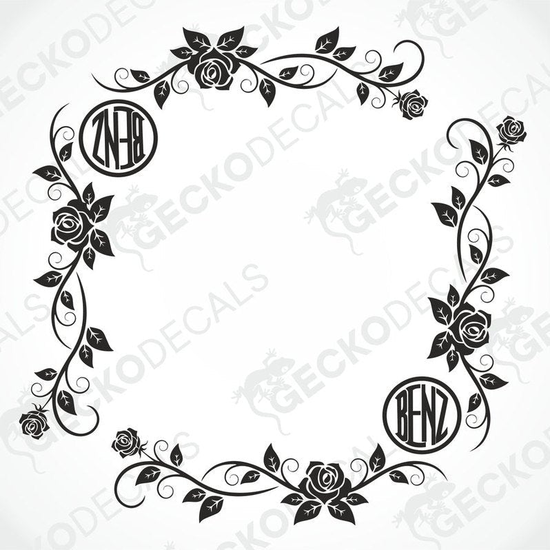 A set of black and white floral side window decals with the word 'BENZ' and a graphical representation of a rose.