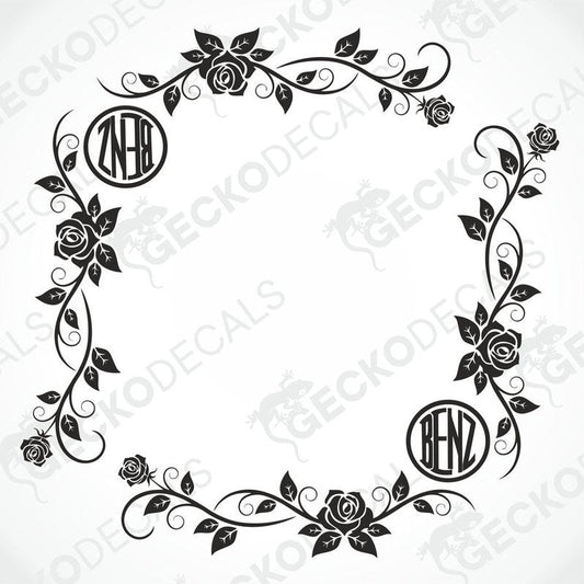 A set of black and white floral side window decals with the word 'BENZ' and a graphical representation of a rose.