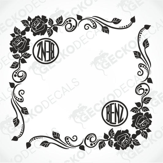 A set of black and white floral side window decals with the word 'BENZ' and a graphical representation of a rose and leaves.