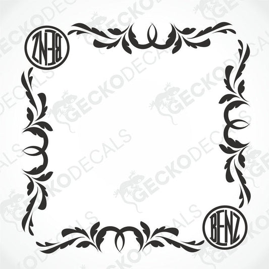 A black and white image of a die cut decal with a floral pattern and the Mercedes-Benz logo incorporated into the design.