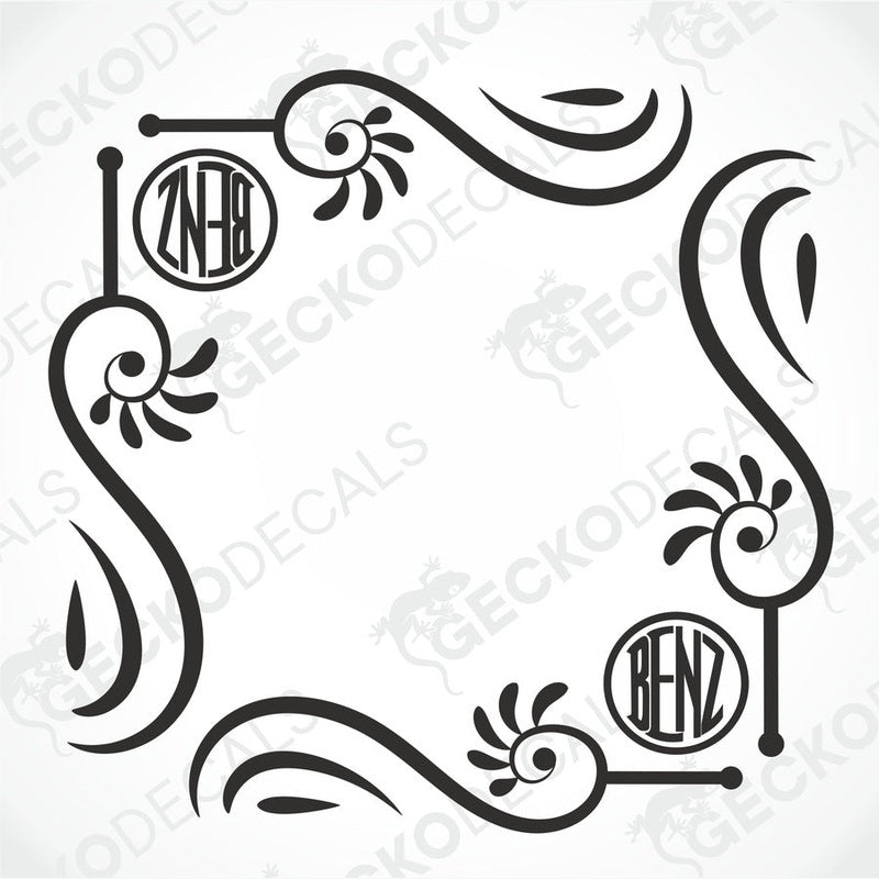 A black and white image of a die cut decal with a floral pattern and the Mercedes-Benz logo, intended for use as a side window decal.
