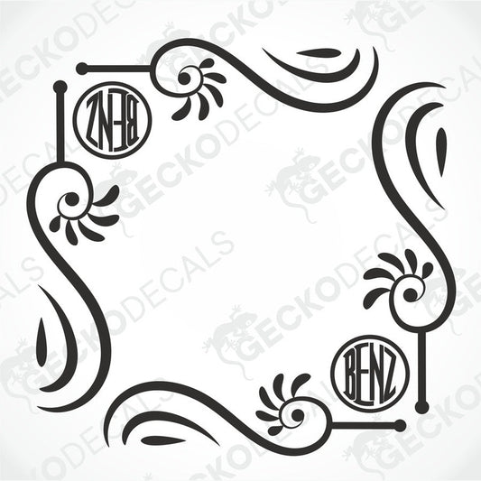 A black and white image of a die cut decal with a floral pattern and the Mercedes-Benz logo, intended for use as a side window decal.