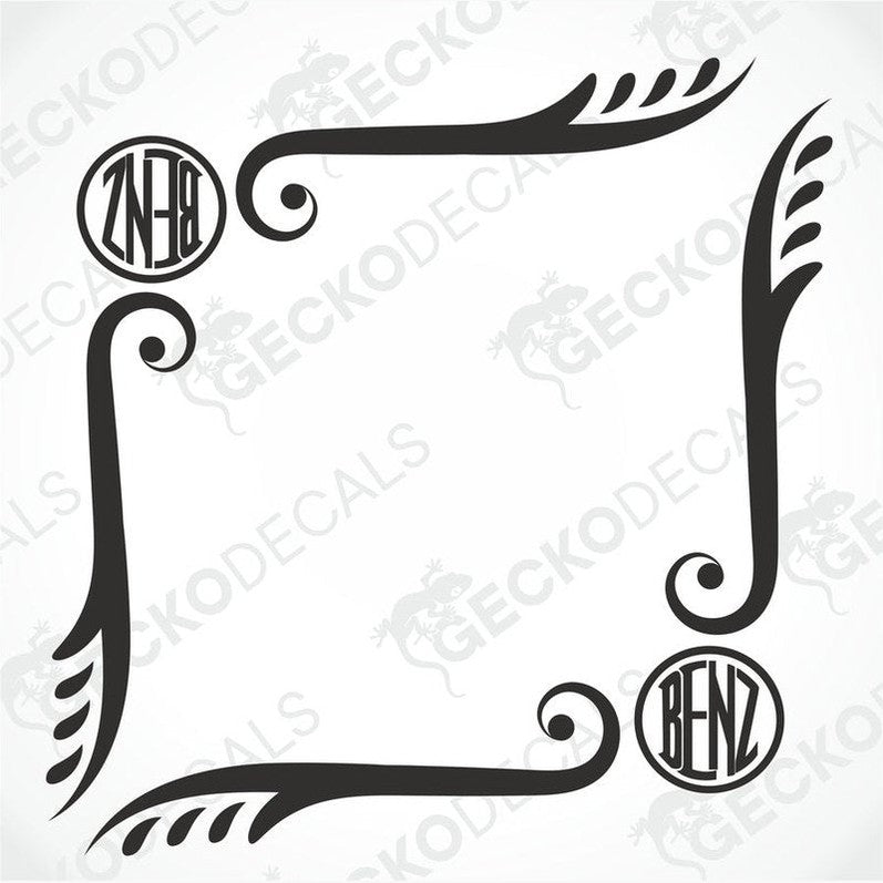 A set of two black tribal style decals with the letters 'MB' and 'BENZ' in the center, arranged in a circular pattern.