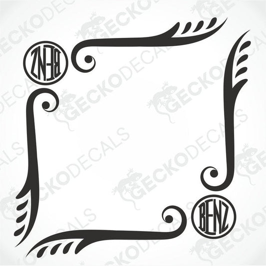 A set of two black tribal style decals with the letters 'MB' and 'BENZ' in the center, arranged in a circular pattern.