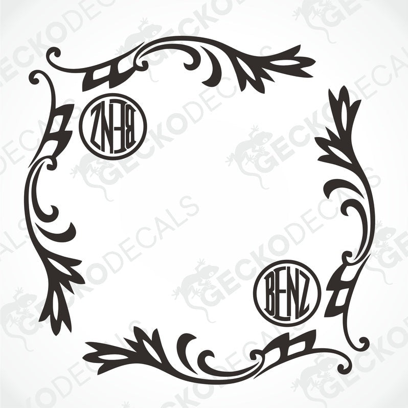 A black and white image of a die cut decal with a floral pattern and the Mercedes-Benz logo, intended for use as a side window decal.