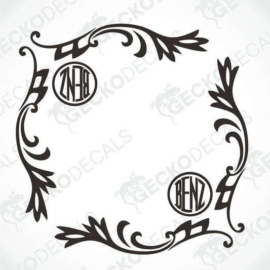 A black and white image of a die cut decal with a floral pattern and the Mercedes-Benz logo, intended for use as a side window decal.