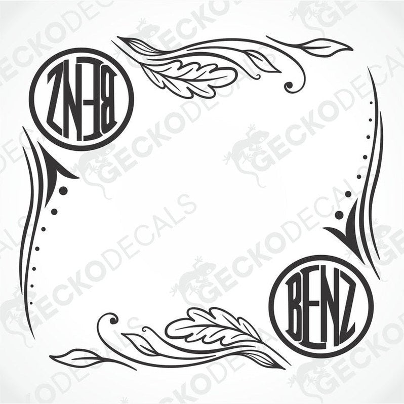 A pair of black and white side window decals with floral patterns and the Mercedes-Benz logo.