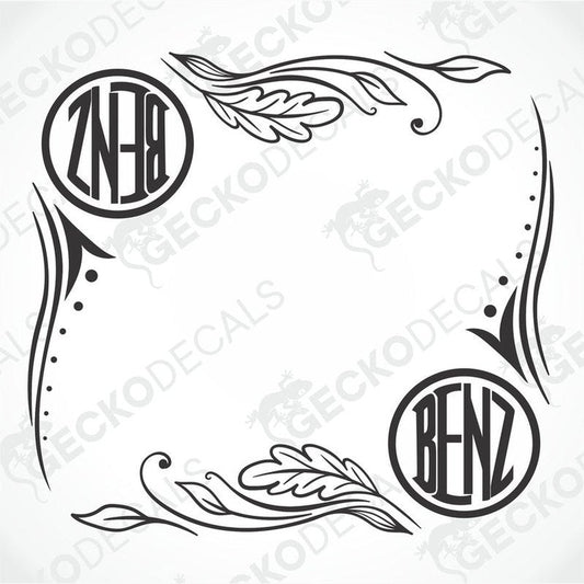 A pair of black and white side window decals with floral patterns and the Mercedes-Benz logo.