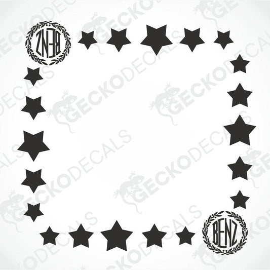 A variety of black star-shaped decals and roundel decals with the Mercedes-Benz logo, designed for use as vehicle side window decorations.