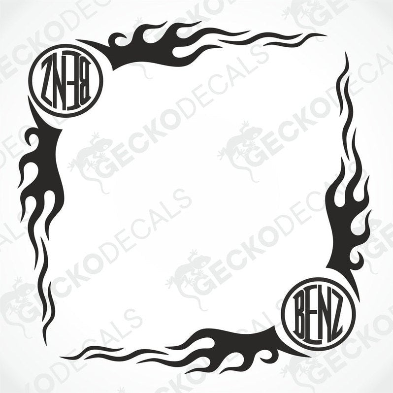 A black and white image of a die cut decal with a tribal flame design and the letters 'ZN-18' and 'BENZ' incorporated into the design.