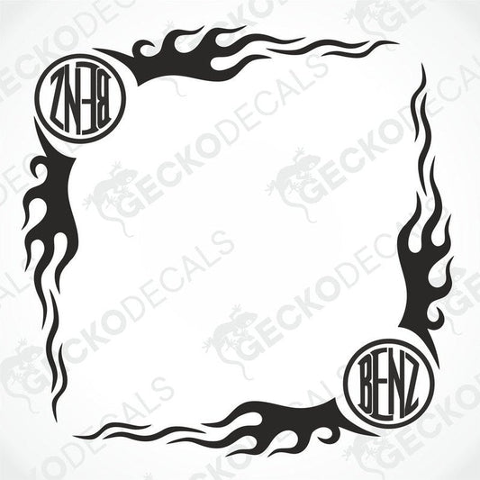 A black and white image of a die cut decal with a tribal flame design and the letters 'ZN-18' and 'BENZ' incorporated into the design.