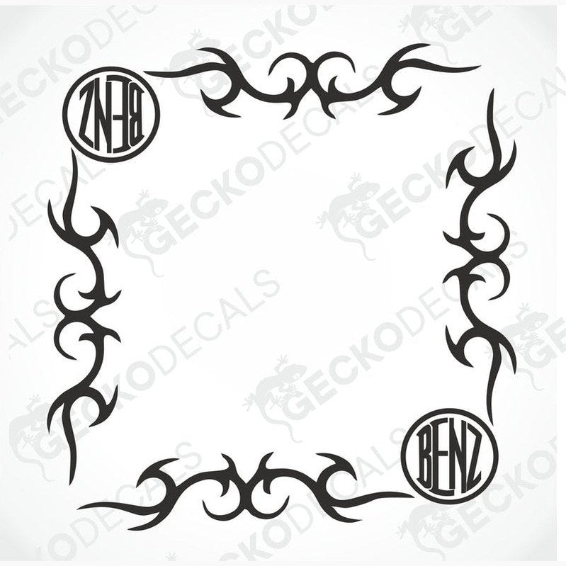 A set of two black tribal style decals with the letters 'MB' and 'BENZ' in the center, arranged in a circular pattern.