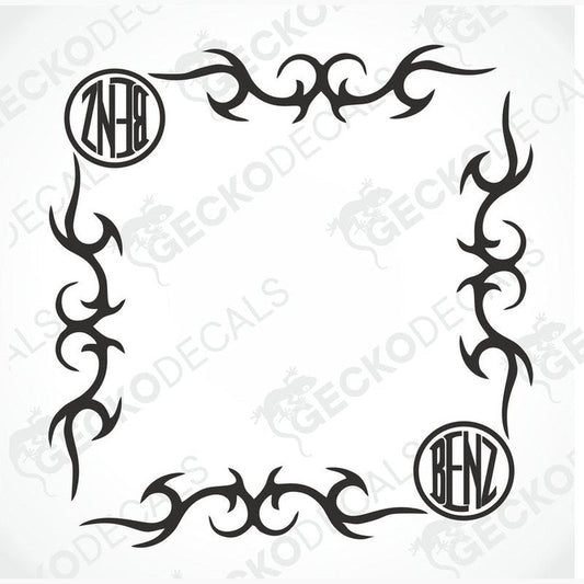 A set of two black tribal style decals with the letters 'MB' and 'BENZ' in the center, arranged in a circular pattern.