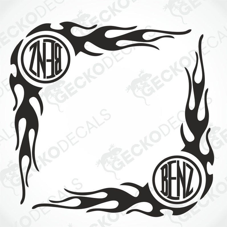 A set of two black tribal patterned side window decals with the text 'BENZ' incorporated into the design.