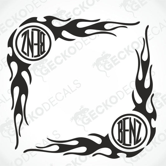 A set of two black tribal patterned side window decals with the text 'BENZ' incorporated into the design.