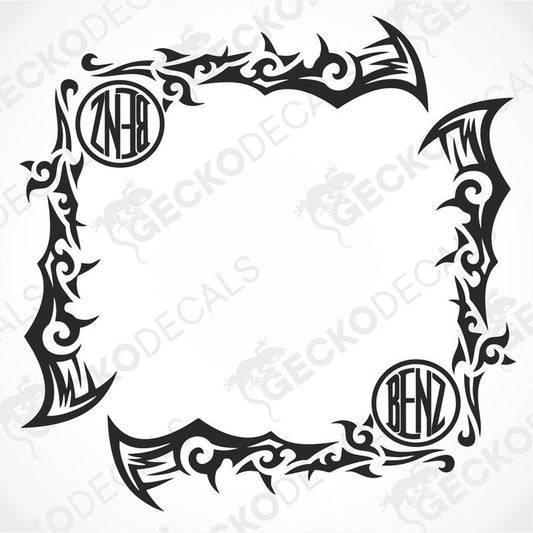 A set of two black tribal patterned side window decals with the logo 'BENZ' on them, designed for use on vehicles.