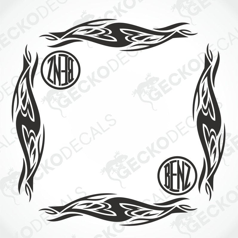 A set of two black tribal design side window decals for vehicles, featuring the Mercedes-Benz logo.