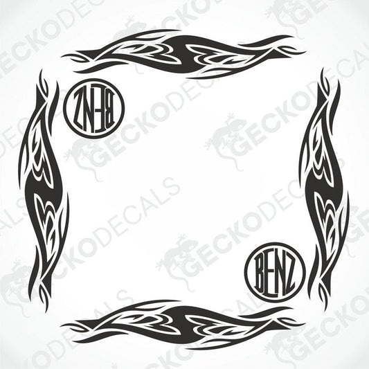 A set of two black tribal design side window decals for vehicles, featuring the Mercedes-Benz logo.