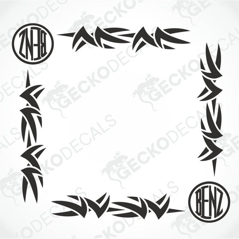 A set of black tribal-style side window decals featuring the Mercedes-Benz logo.