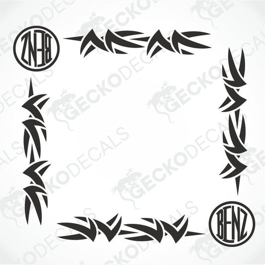 A set of black tribal-style side window decals featuring the Mercedes-Benz logo.