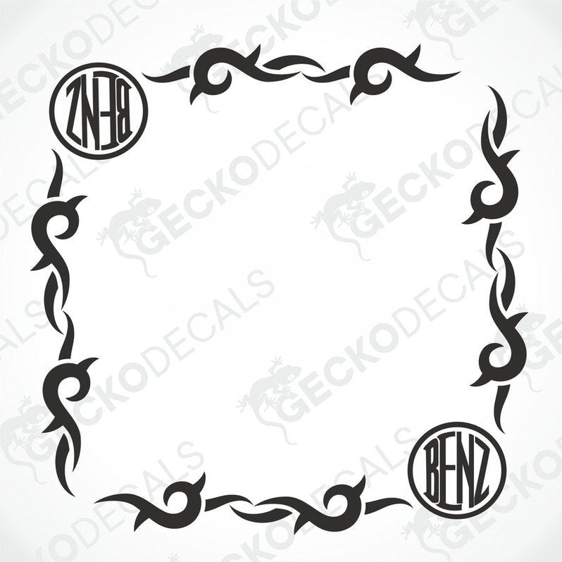 A set of tribal style decals with the Mercedes-Benz brand logo, intended for use on a side window.