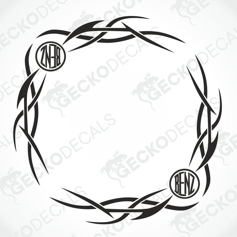 A black tribal pattern decal designed for vehicle side windows, featuring the Mercedes-Benz logo.