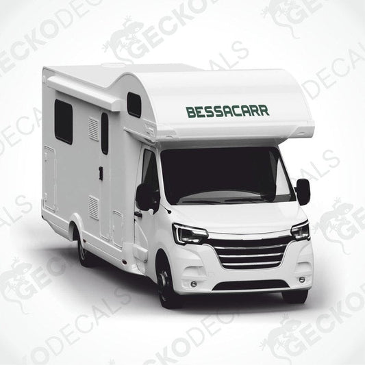 BESSACARR caravan die cut sticker applied to motorhome roof in dark green