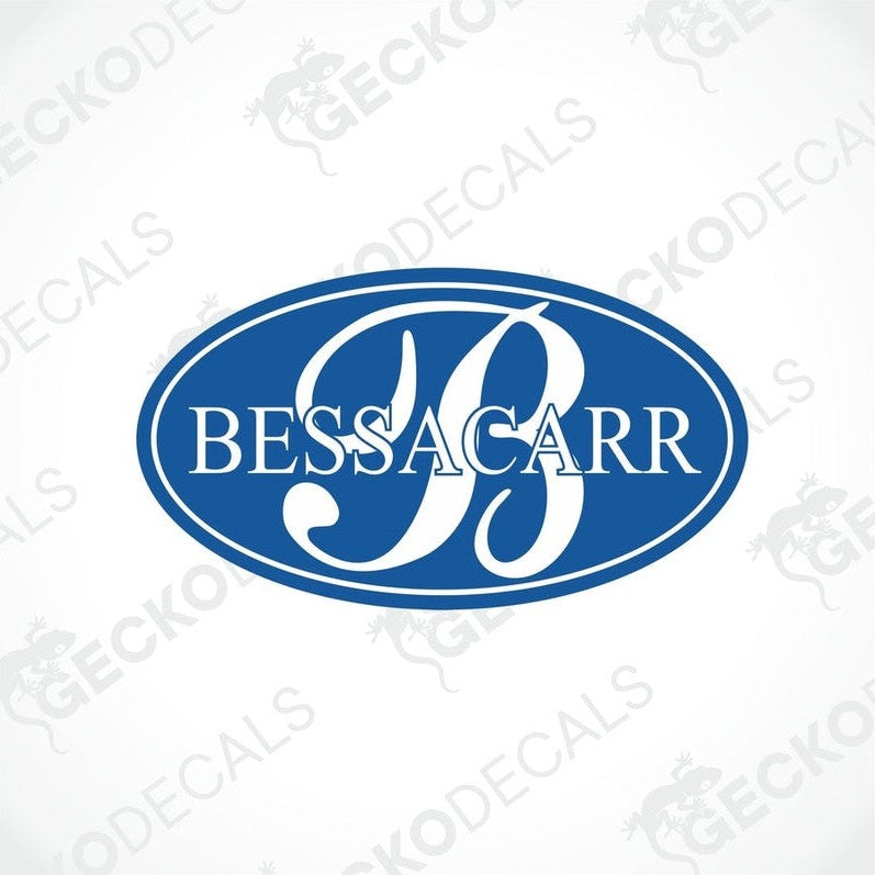 BESSACARR white uppercase serif logo sticker on blue oval with glossy lamination