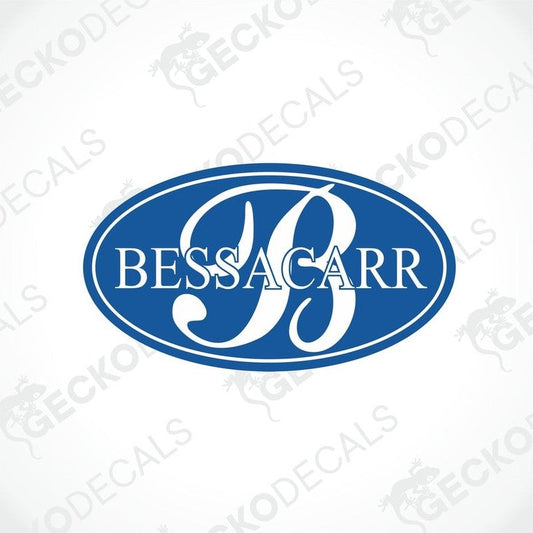 BESSACARR white uppercase serif logo sticker on blue oval with glossy lamination
