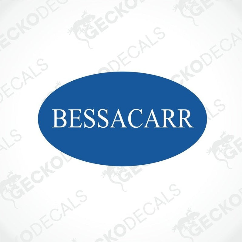 Blue oval BESSACARR caravan sticker with white serif text for interior or exterior use