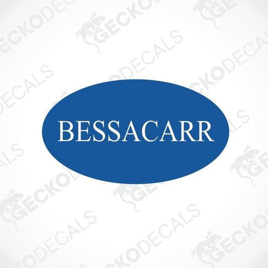 Blue oval BESSACARR caravan sticker with white serif text for interior or exterior use