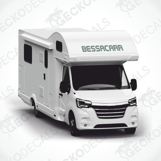 Dark green BESSACARR die-cut sticker on white motorhome roof