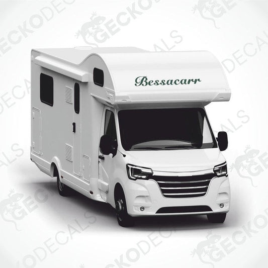 Green Bessacarr caravan decal applied to motorhome roof
