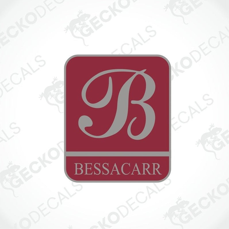 BESSACARR printed laminated decal with red background, gray cursive B logo and serif text for caravan interior or exterior