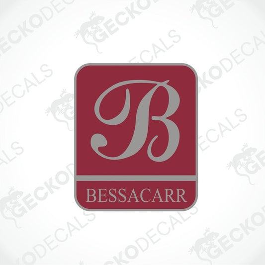 BESSACARR printed laminated decal with red background, gray cursive B logo and serif text for caravan interior or exterior