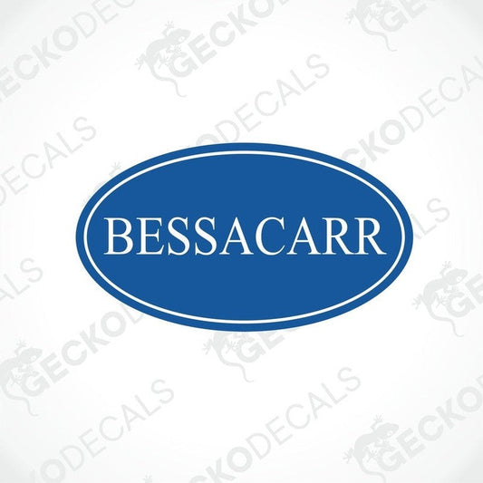 Blue oval BESSACARR caravan sticker with white text and border