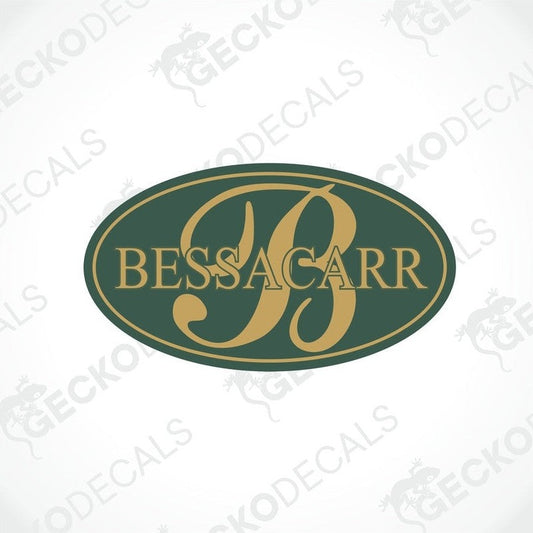 BESSACARR oval caravan sticker with dark green background and gold letter B logo