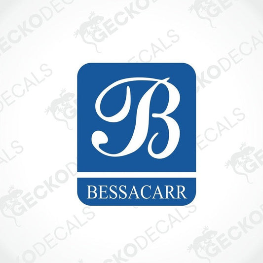 Blue BESSACARR decorative sticker with white cursive B logo for caravan interior or exterior