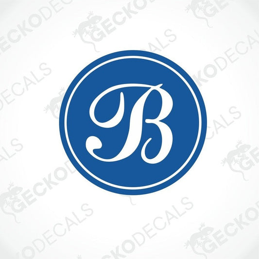 Blue circular BESSACARR decorative sticker with white script B logo and glossy finish