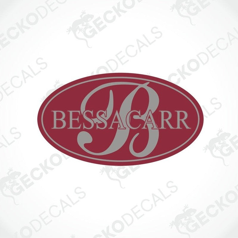 BESSACARR oval caravan sticker with red background and gray letter B logo