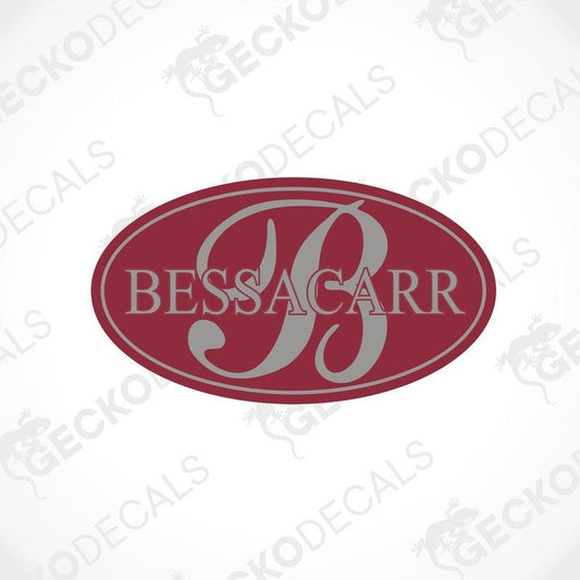 BESSACARR oval caravan sticker with red background and gray letter B logo