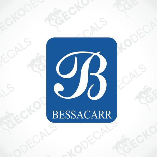 Blue BESSACARR decorative sticker with white cursive B and text for caravan interior or exterior