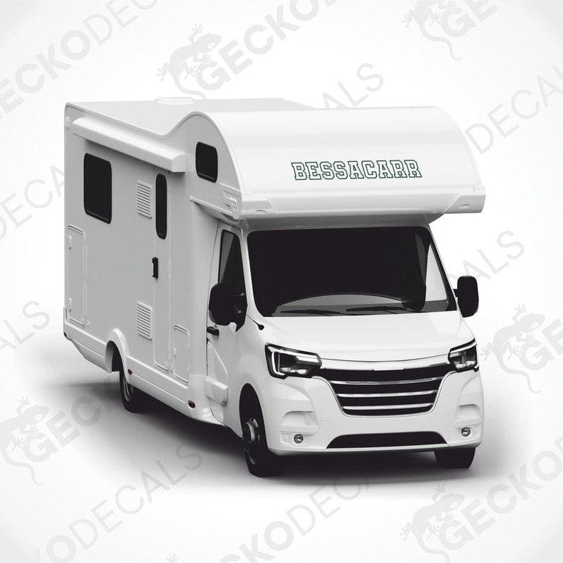 Green-gray BESSACARR die-cut sticker applied to motorhome front overhang