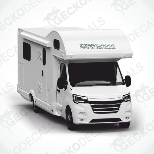 Green-gray BESSACARR die-cut sticker applied to motorhome front overhang